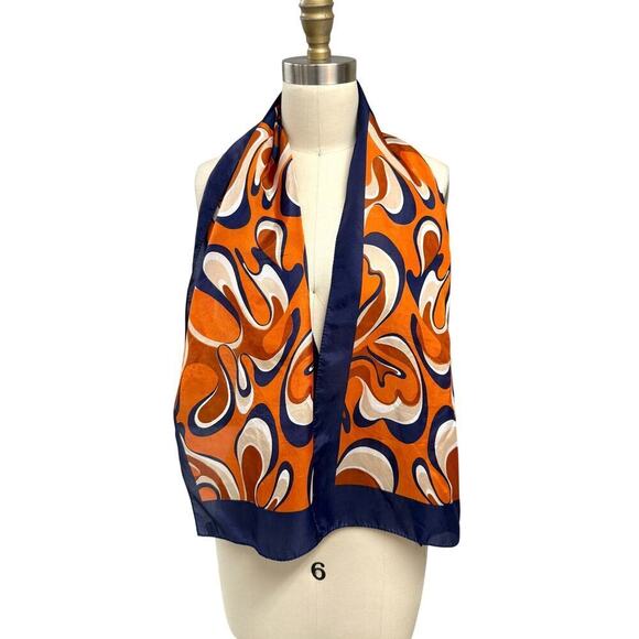 VTG Super Mod 70s Groovy Blue Orange Swirl Scarf Made in Japan 52x13 Acetate - Picture 1 of 5